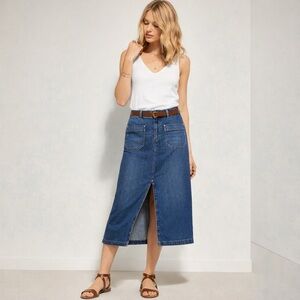 Massimo Dutti Denim Midi Skirt | Jean Skirt | Front Slit | Dark Wash| 33” Waist